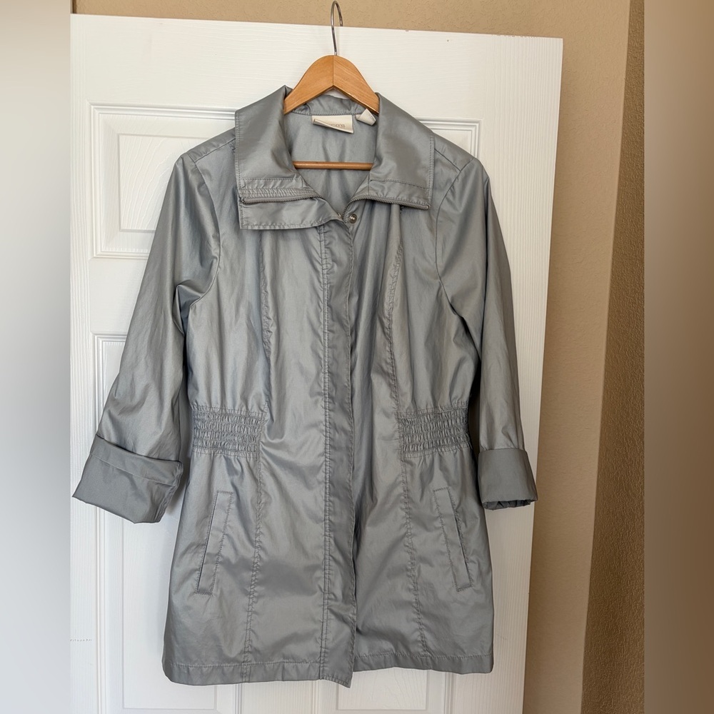 Chico’s Collection Jacket Size 2 (Large) Metallic Silver Shimmer Trench H1